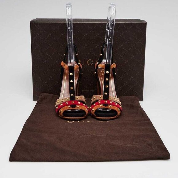 Gucci Multicolor Suede Leather Studded Jacquelyne T-Strap Sandals Size 4.5/35 - Picture 5 of 5